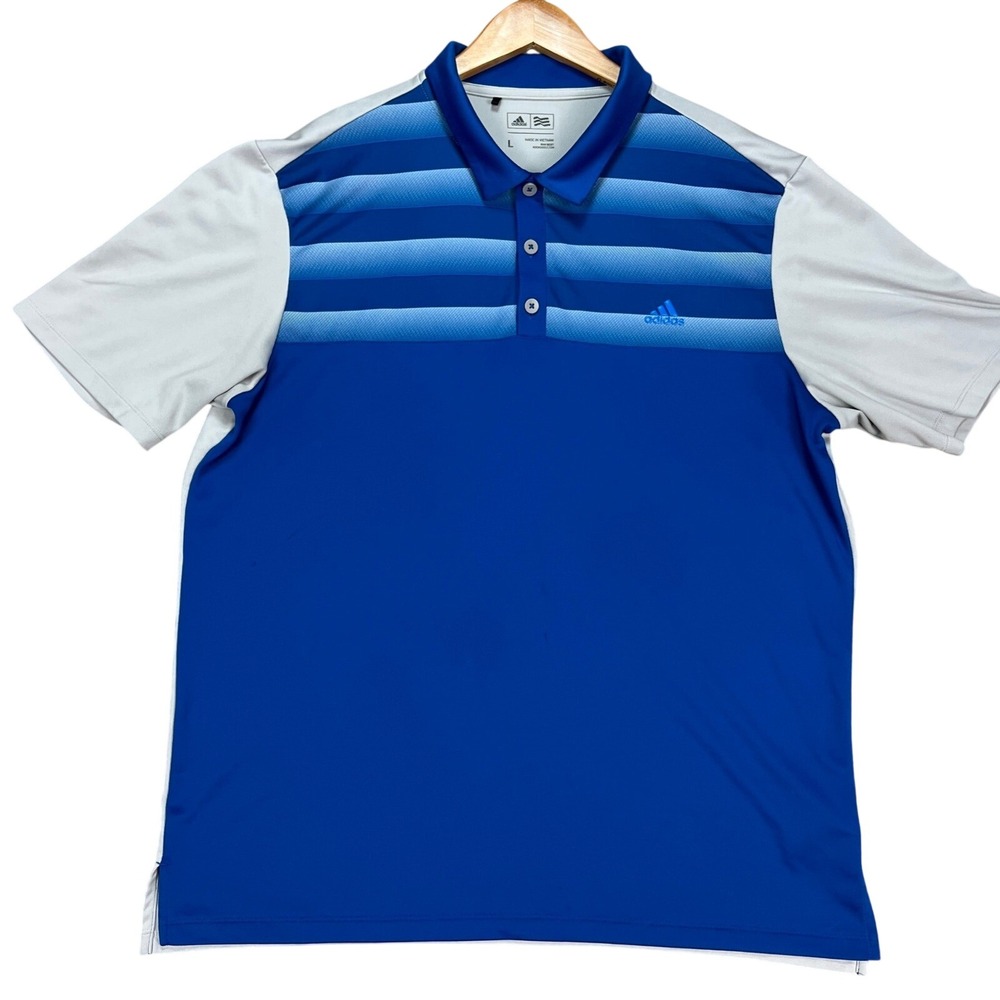 Adidas Polo Shirt Mens Large Blue Gray Striped Colorblock Performance Golf STAIN